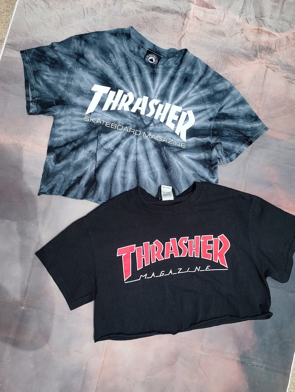 Two Thrasher Magazine Crop Tees Size Small — Black & Gray Tie-Dye